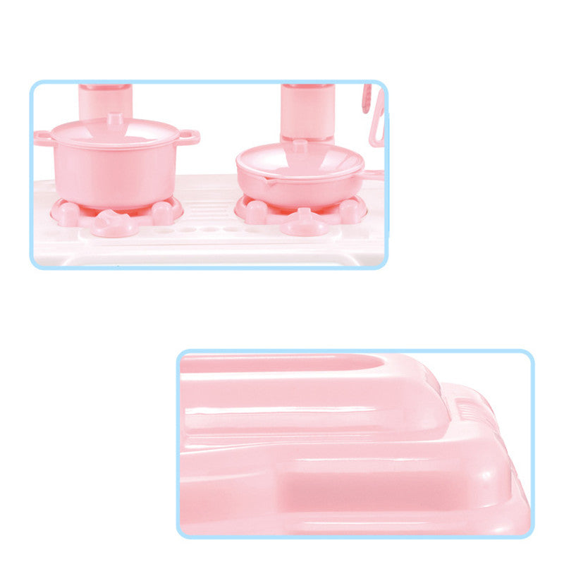 Pink plastic toy kitchen set with pots, pans, and stove burners for imaginative play.