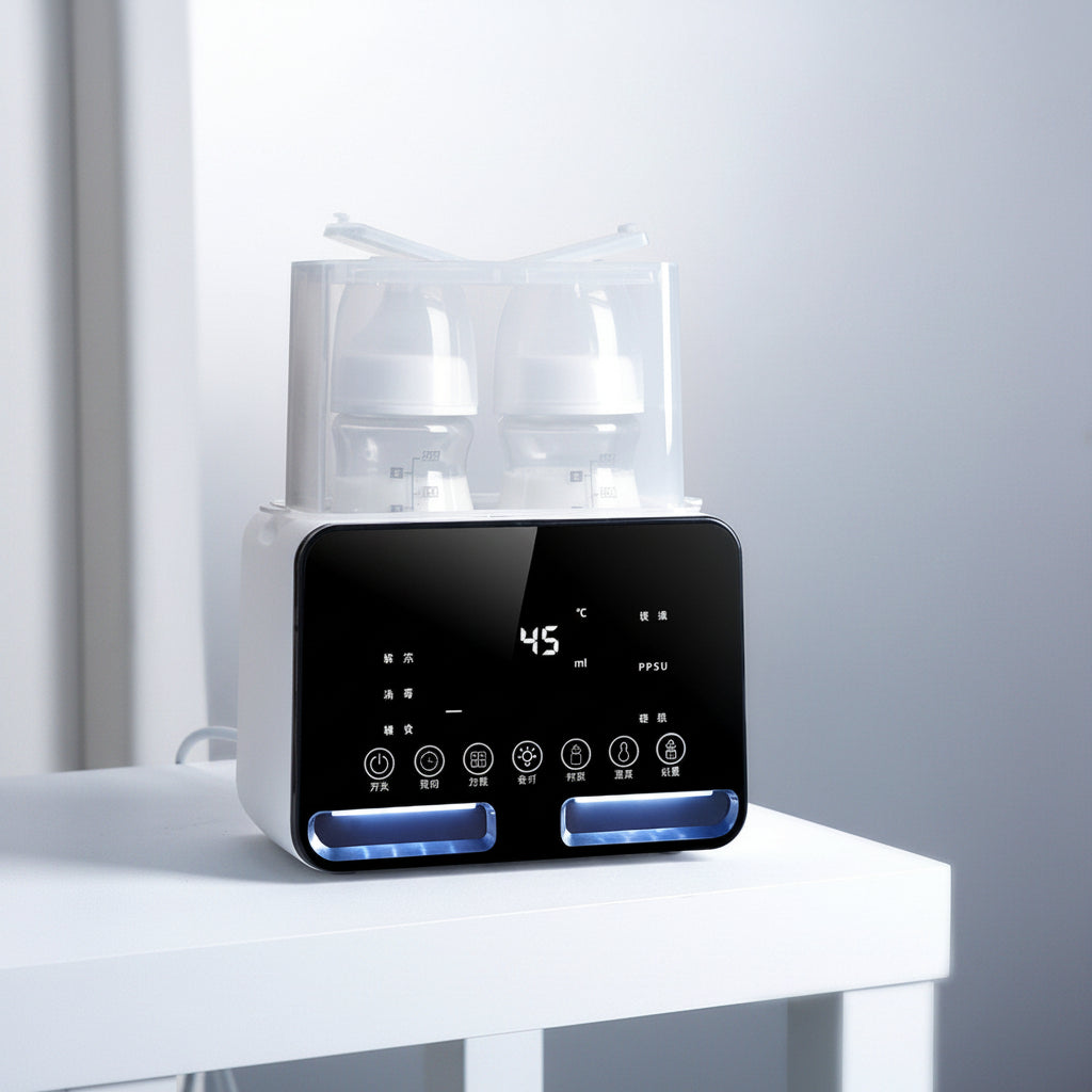 White electric baby bottle warmer and sterilizer with two bottles, digital display, and touch controls.