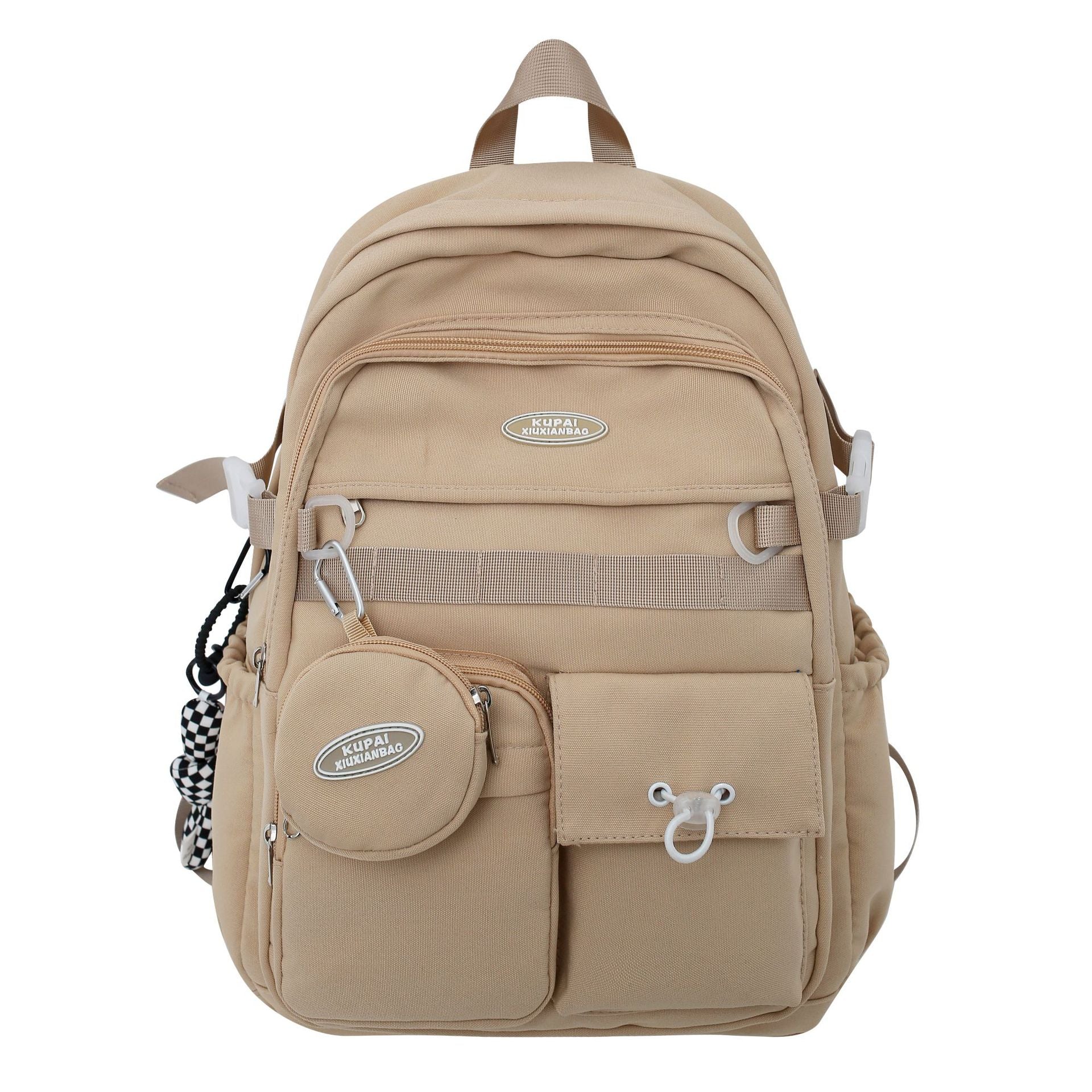 Beige nylon student backpack with laptop compartment, multiple pockets, and a small detachable pouch.