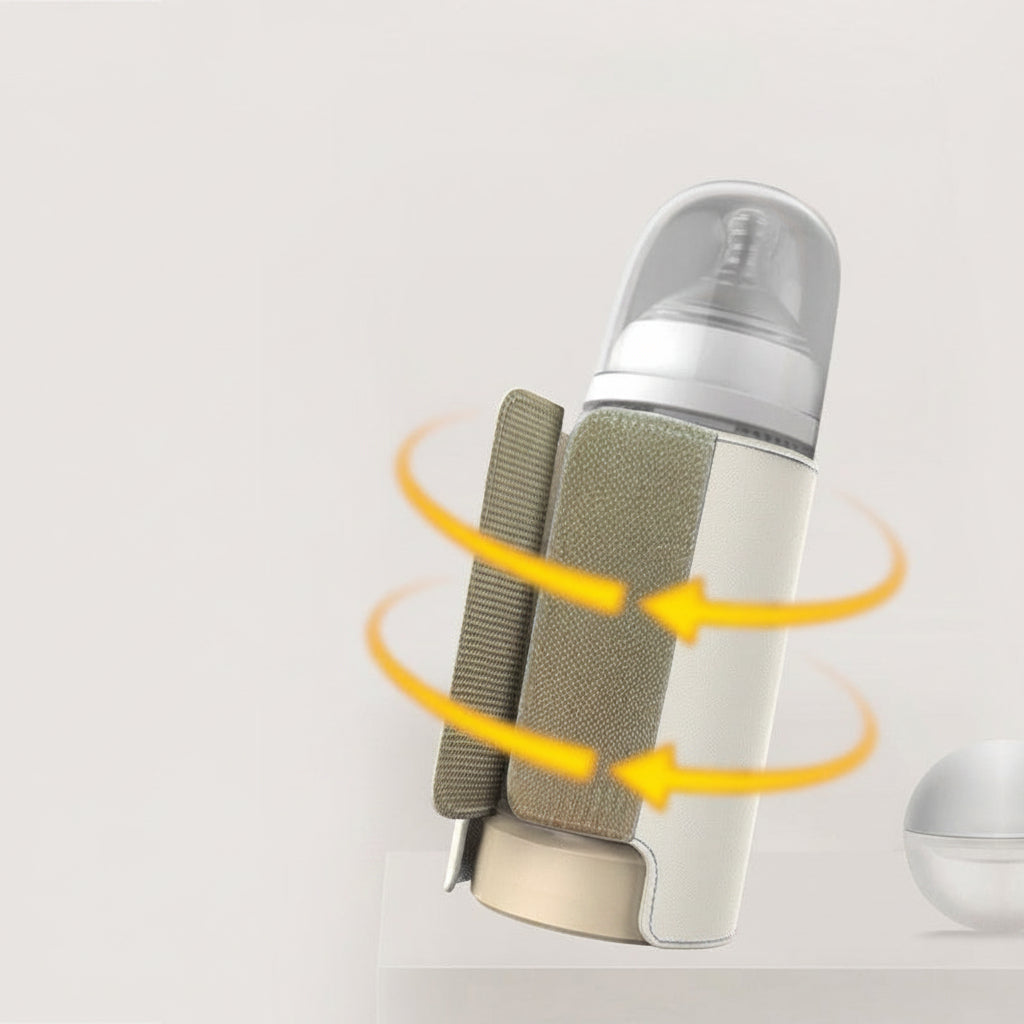 Portable baby bottle warmer with a beige and white insulated sleeve, showing battery life options.