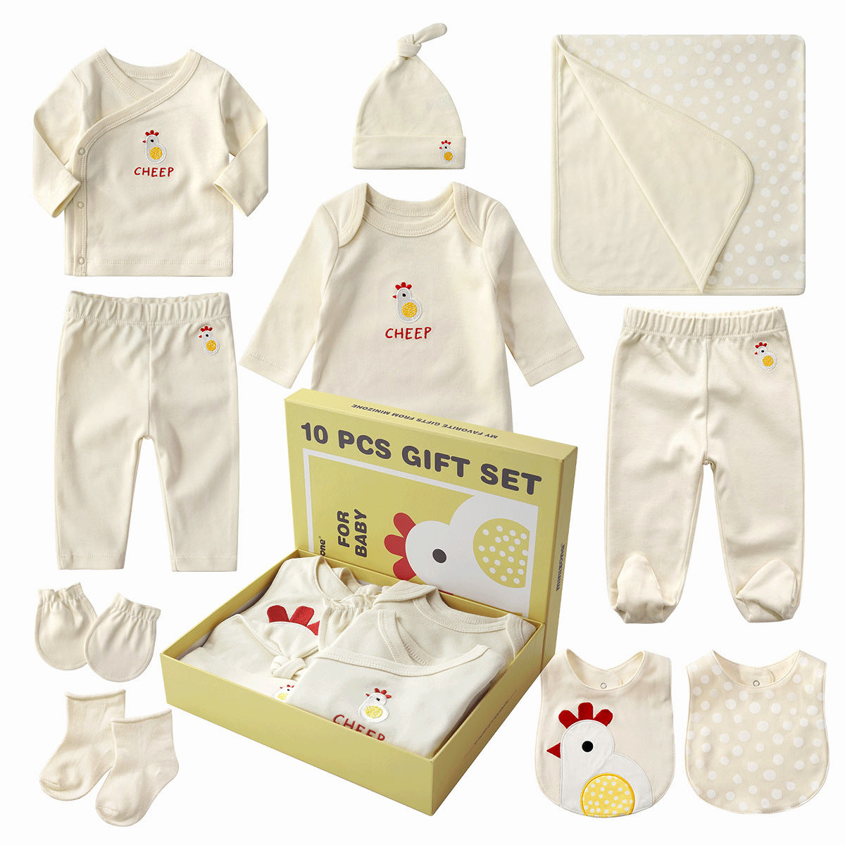 10-piece cream cotton baby gift set with chick embroidery, including clothes, hat, blanket, bibs, mittens, and socks.