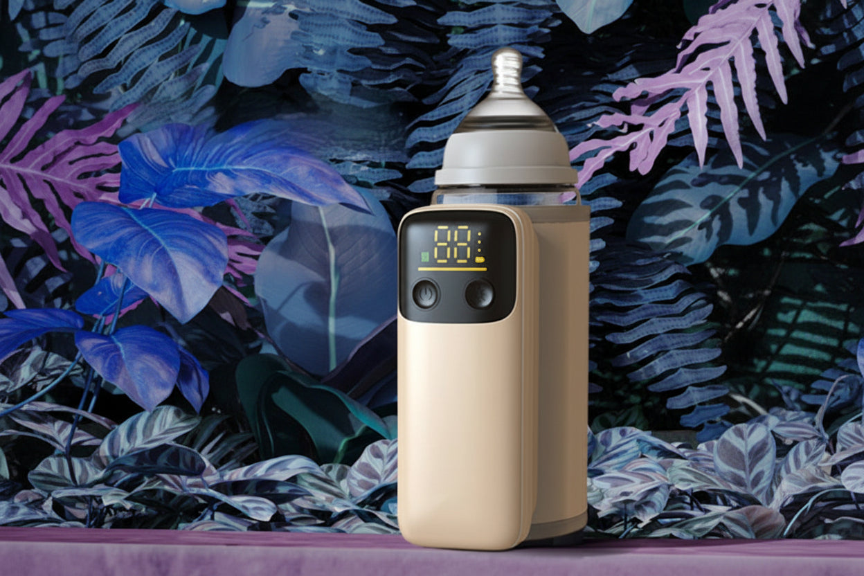 Portable beige smart bottle warmer with digital display, 8000mAh battery, and fast charge.
