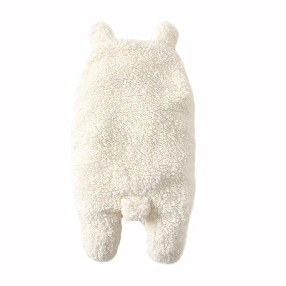 Soft cream fleece baby swaddle blanket with bear ears and tail, 55x29cm.