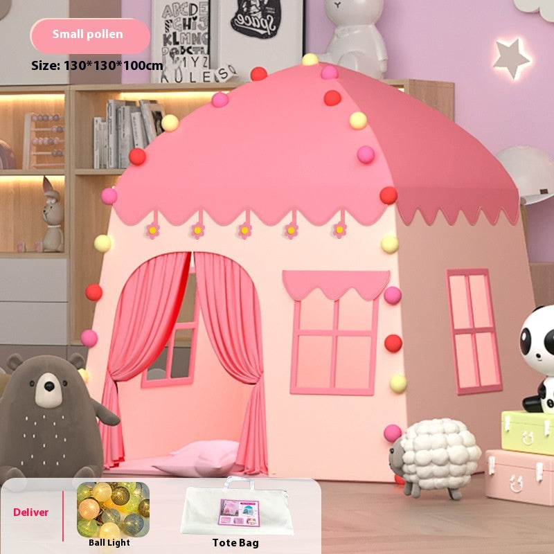Pink castle play tent for kids with decorative balls, windows, curtains, and included string lights.