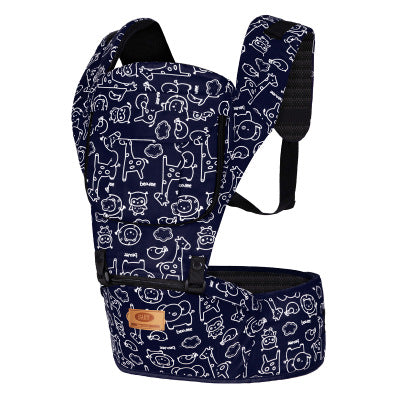 Navy ergonomic baby carrier with white animal print, padded straps, and a waist stool.