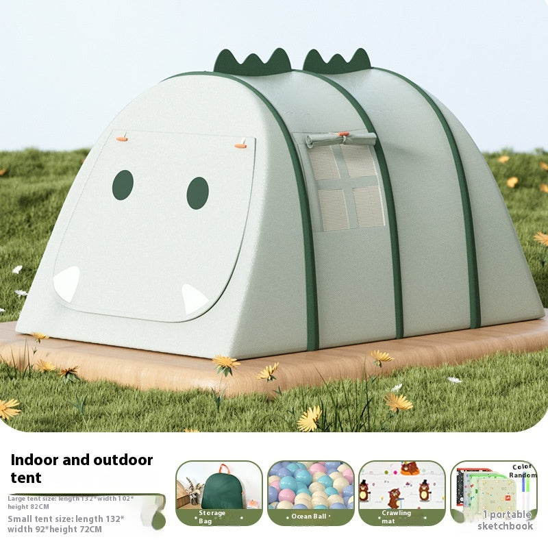 Green dinosaur-shaped portable play tent for kids, with dark green trim and window, set on grass.