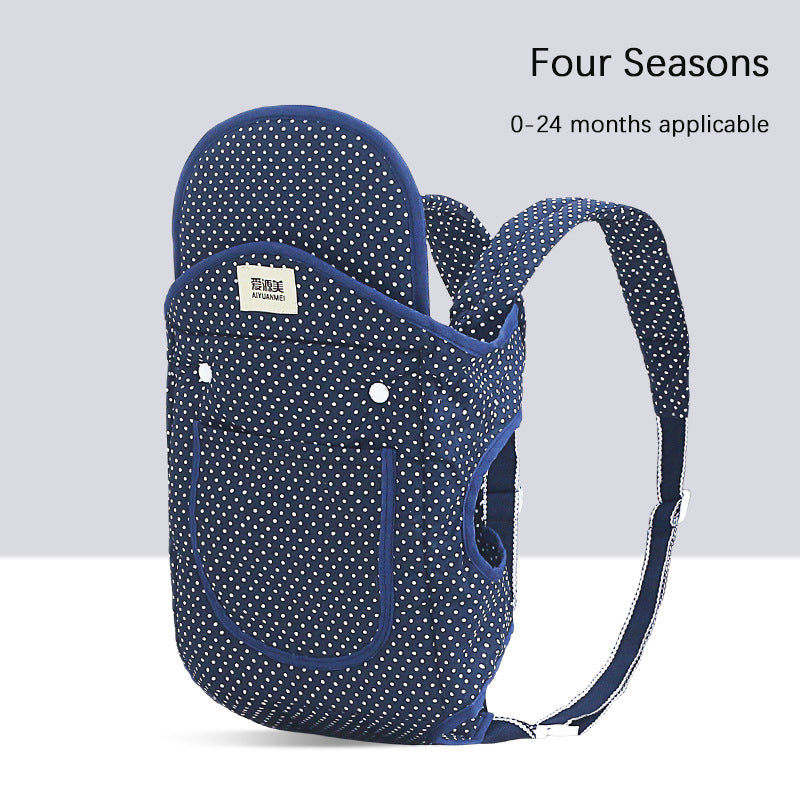 Navy blue ergonomic baby carrier with white polka dots, breathable cotton, suitable for 0-24 months.