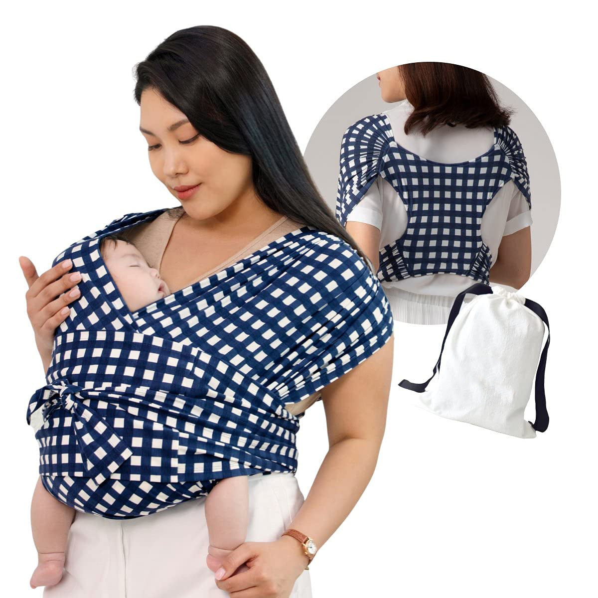 Woman holding a sleeping baby in a blue and white checkered X-type ergonomic baby carrier, with a back view and storage bag.