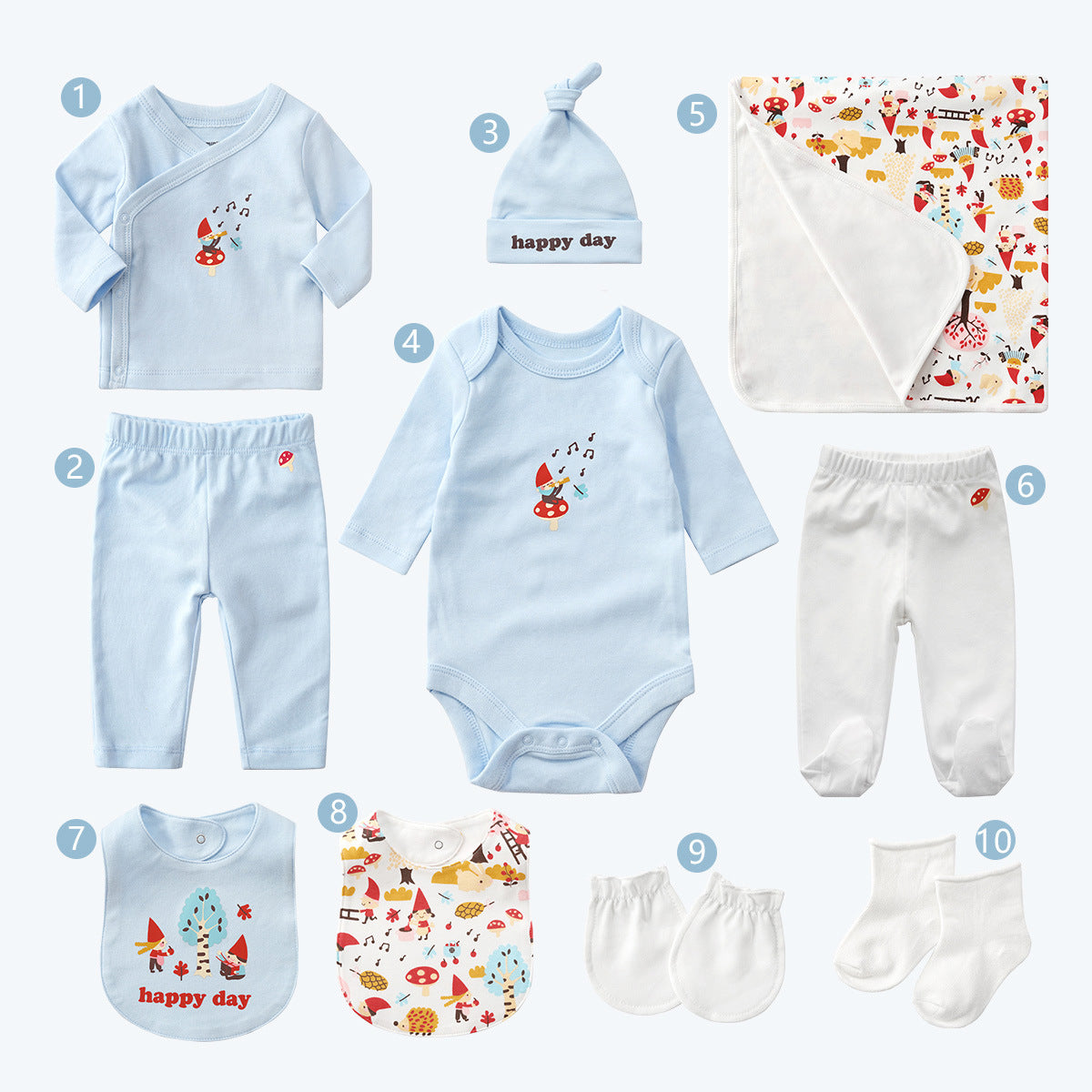 Blue and white 10-piece baby gift set with mushroom print, including cotton clothes, hat, bibs, mittens, and socks.