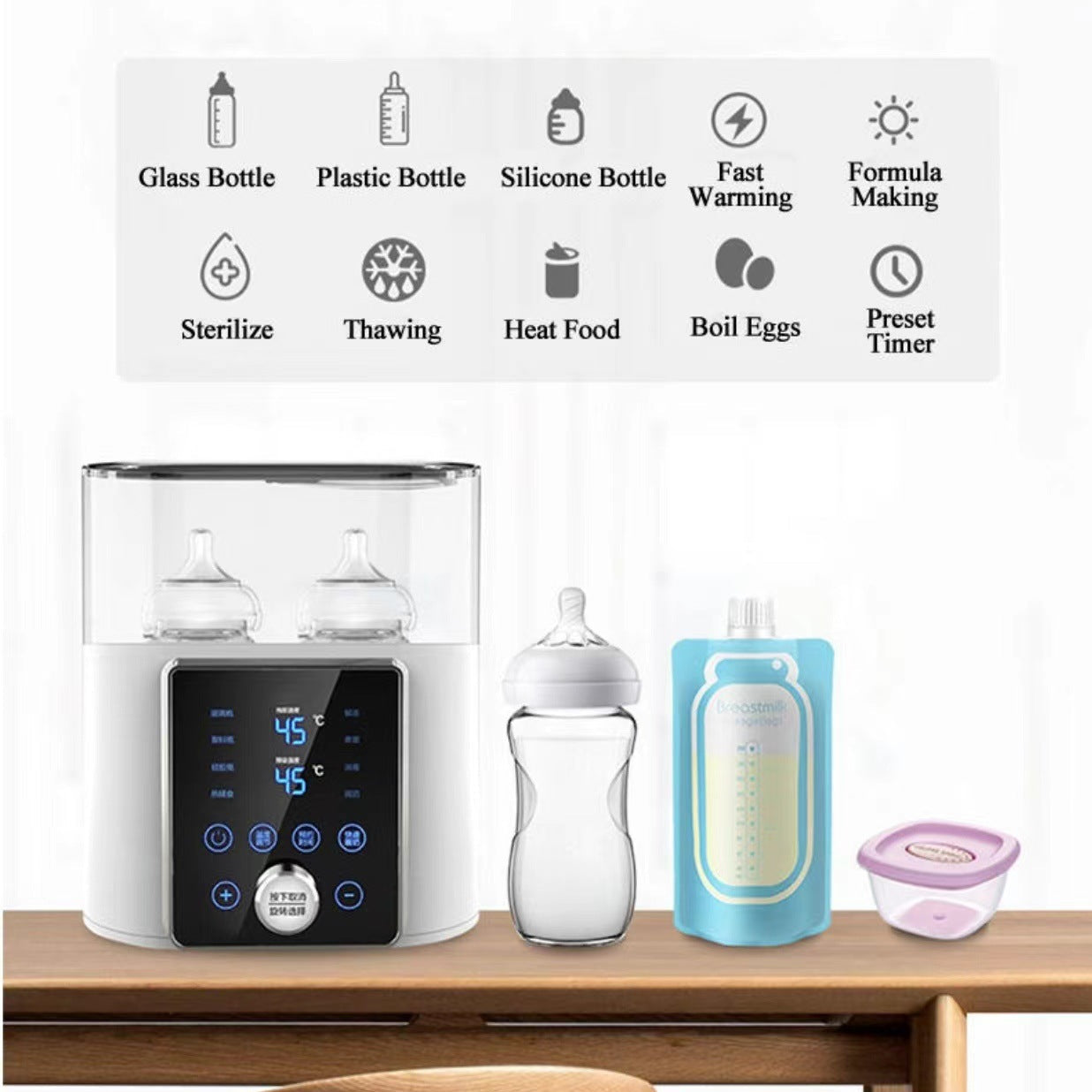 White smart baby bottle warmer with dual compartments, digital display, and various warming functions.