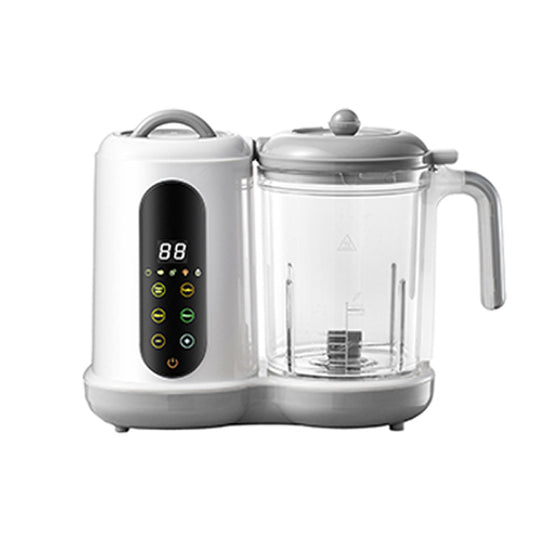 White and gray automatic baby food maker with digital display, steaming, and blending functions.