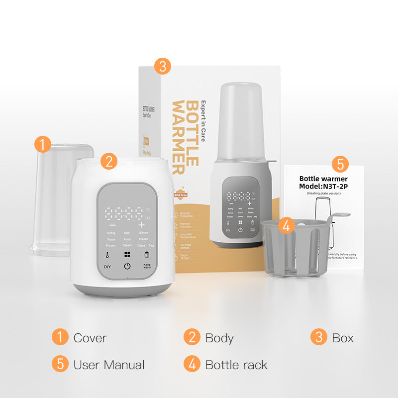 White electric baby bottle warmer with digital display, gray bottle rack, cover, and packaging.