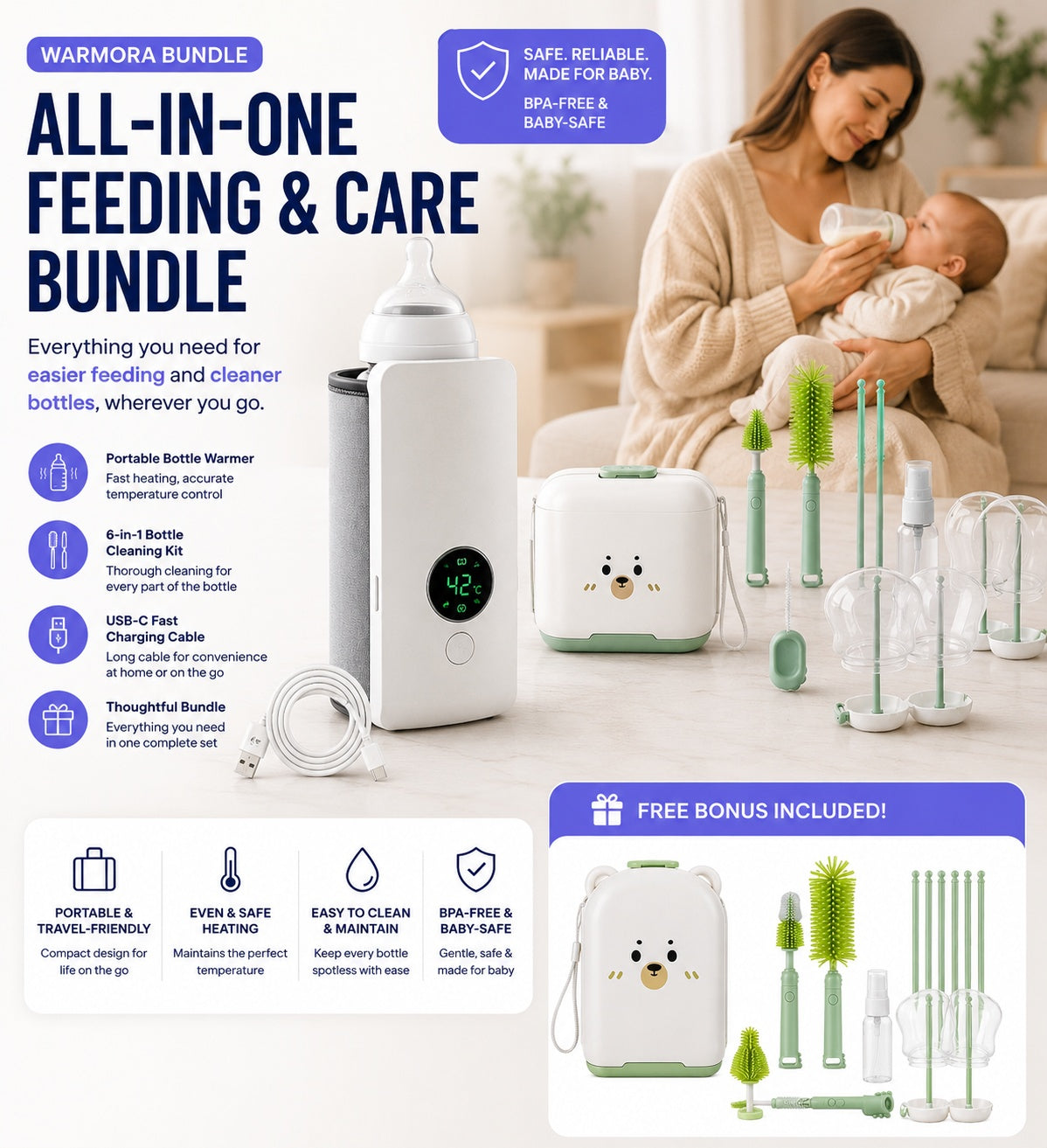 White portable USB bottle warmer with smart temperature control, cleaning kit, and drying rack.