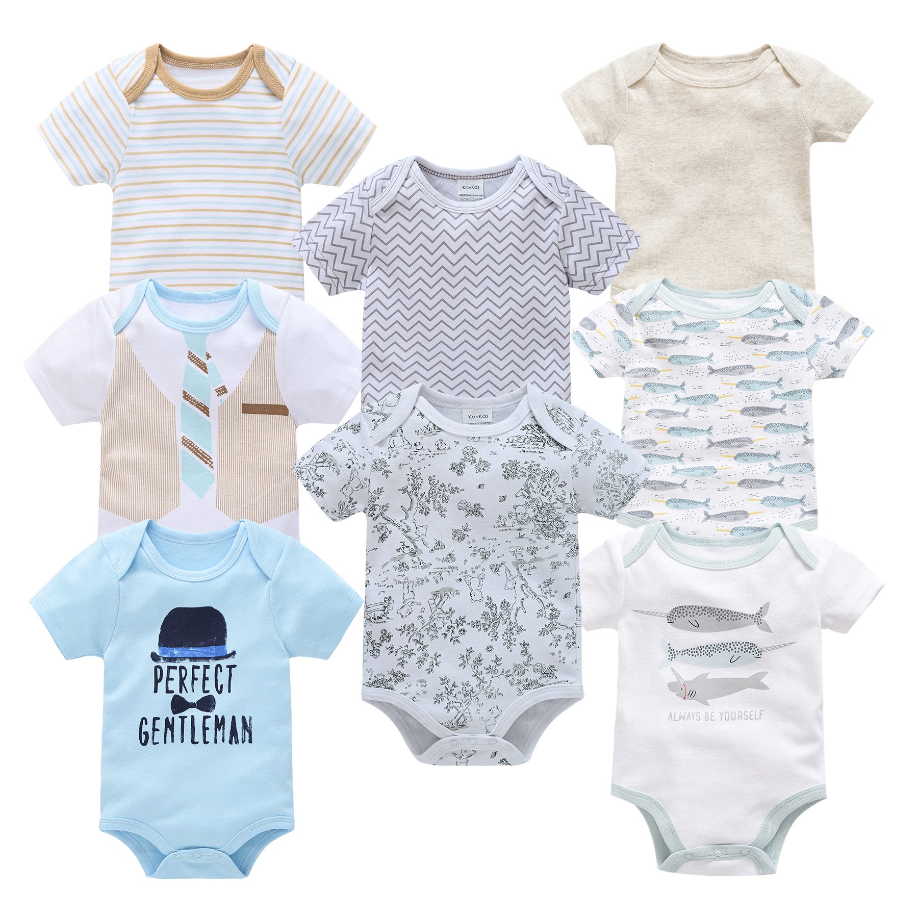 Assorted baby cotton short-sleeve rompers and bodysuits with various prints like stripes, chevron, animals, and "Perfect Gentleman.