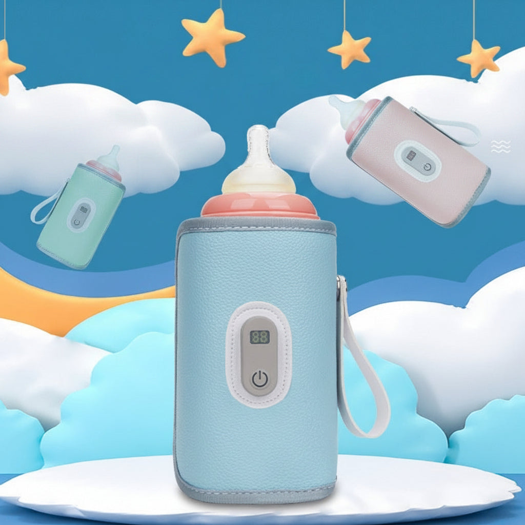 Portable smart baby bottle warmer in light blue faux leather with a digital display and USB-C.