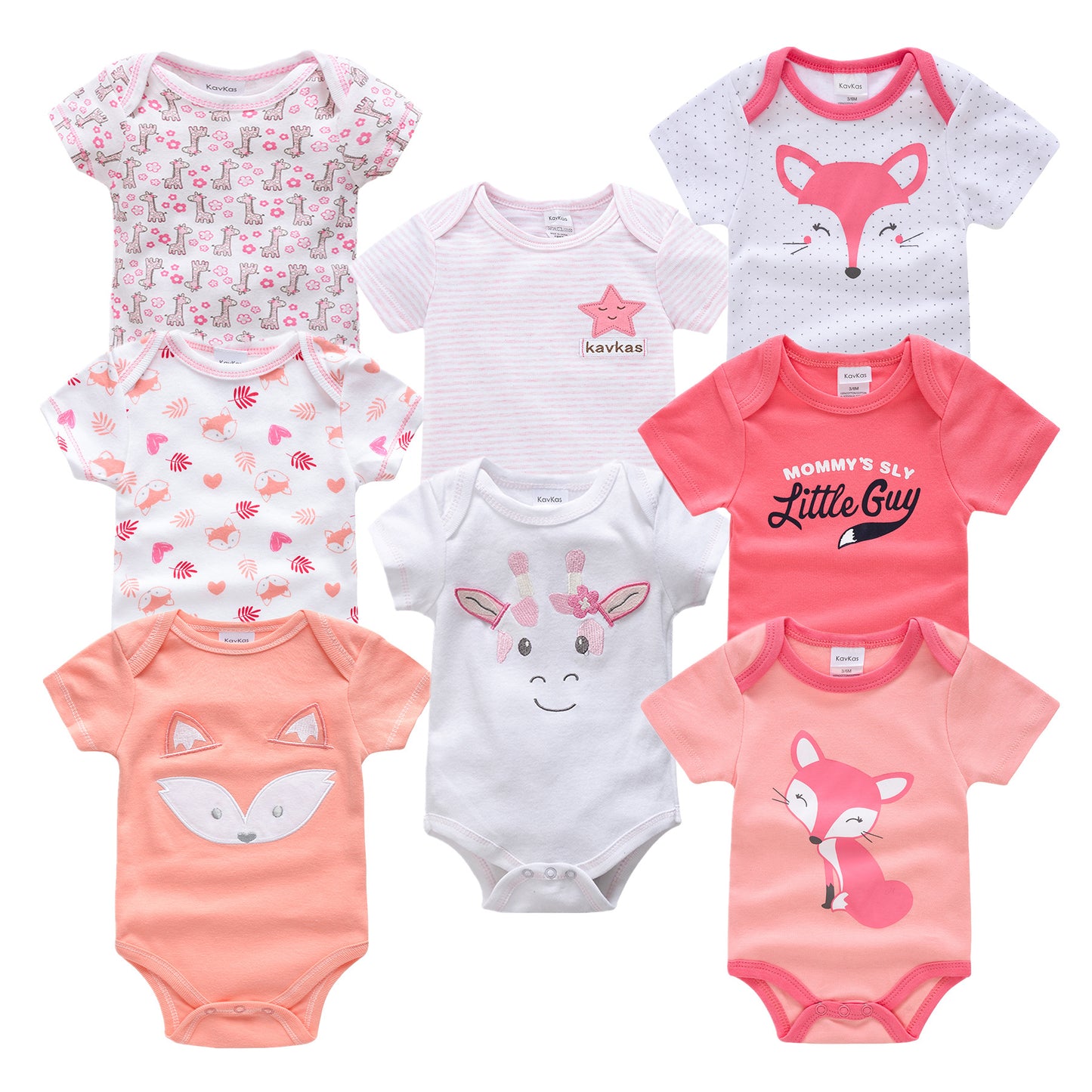 Set of 8 short-sleeve baby cotton rompers with fox, giraffe, and stripe cartoon prints in pink and white.