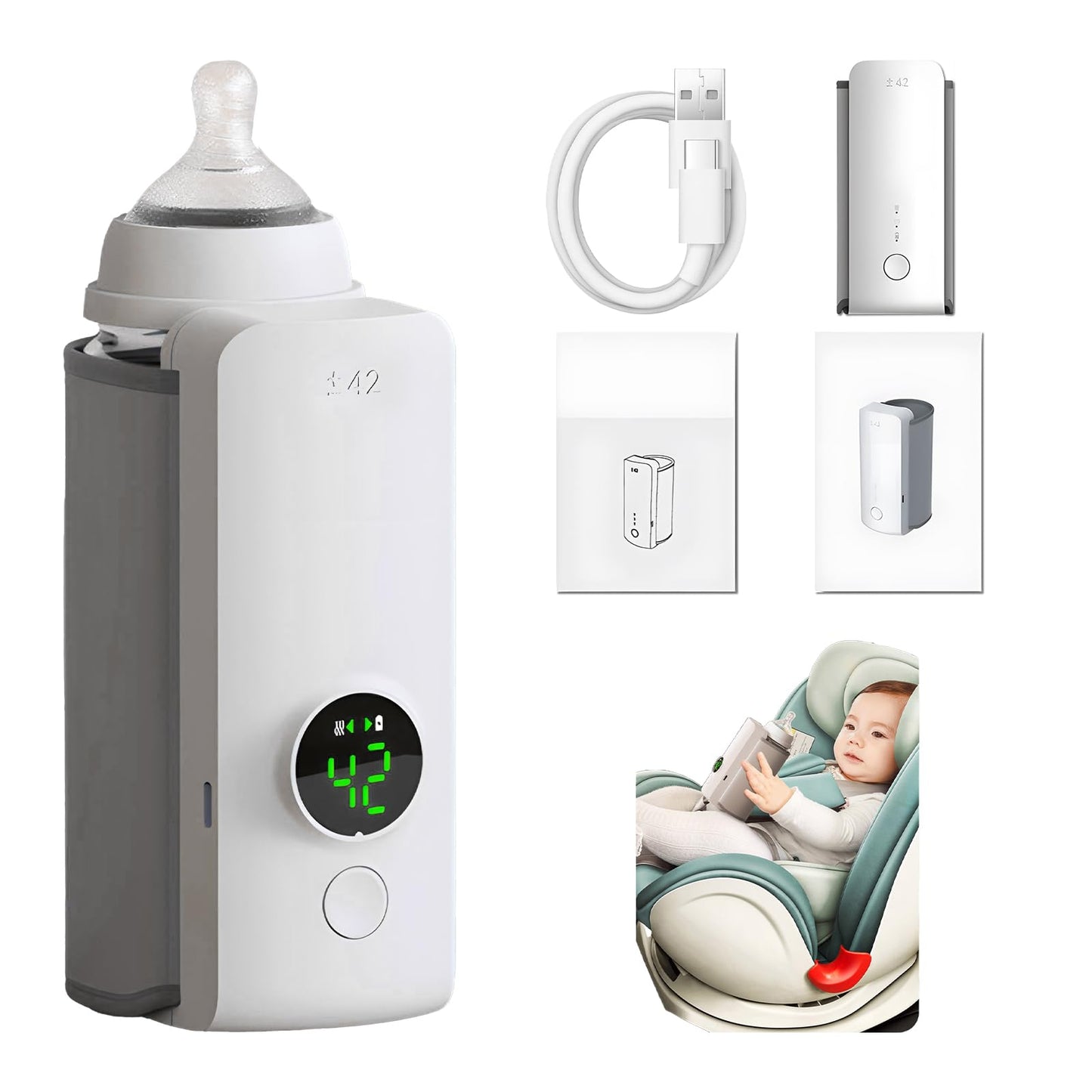 White and gray portable USB baby bottle warmer with digital display, shown with a bottle, charging cable, and in use with a baby.