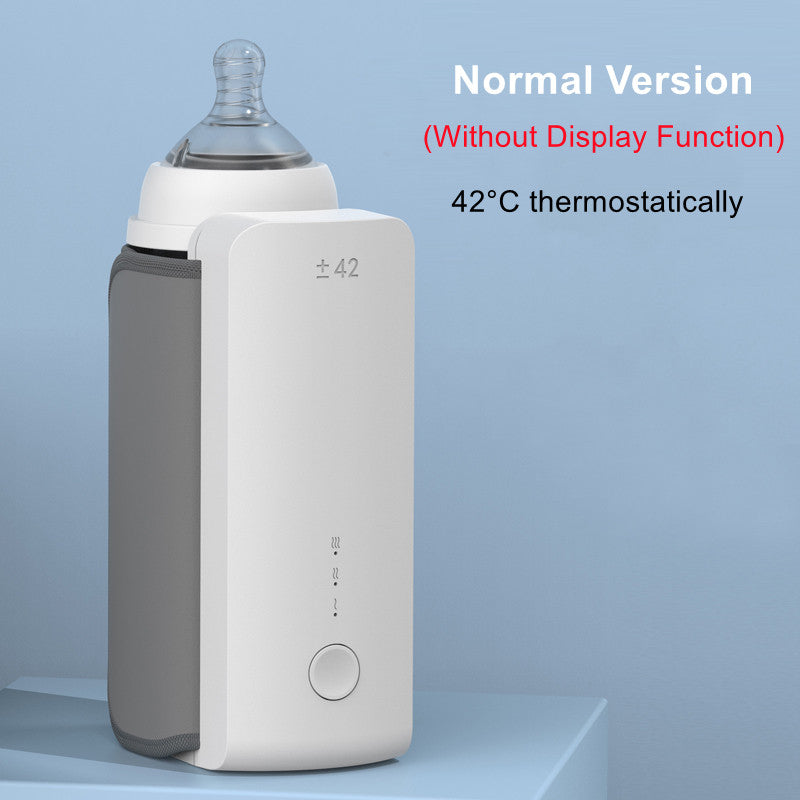 White and gray portable USB rechargeable baby bottle warmer, maintaining 42°C, with a simple button.