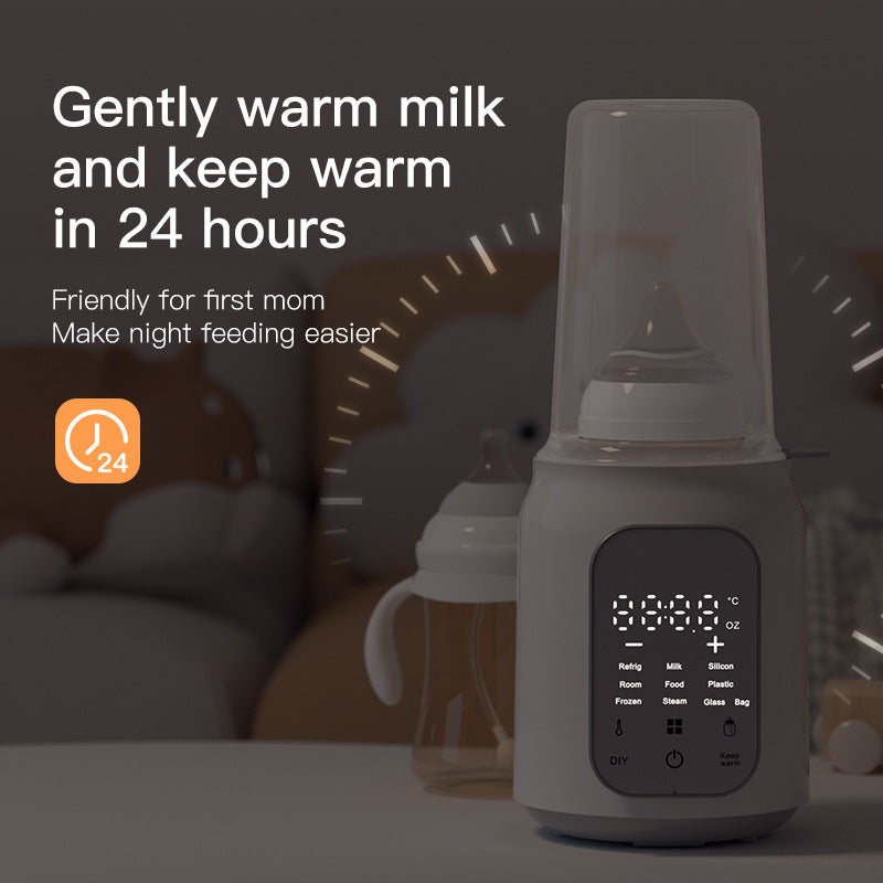 White electric baby bottle warmer and sterilizer with digital display, warming a bottle.