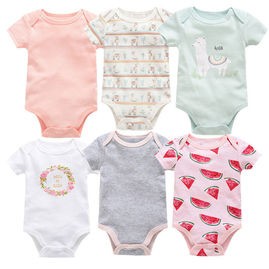 Six cotton short-sleeve baby bodysuits in various colors and prints: pink, grey, white, llama, and watermelon.