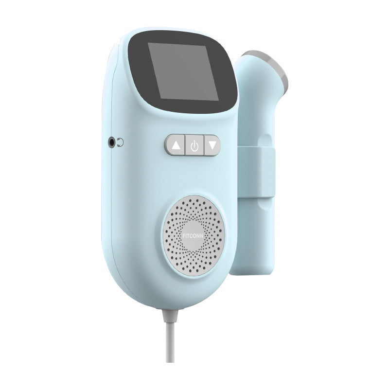 Light blue digital home fetal doppler monitor with a screen, speaker, and attached probe.