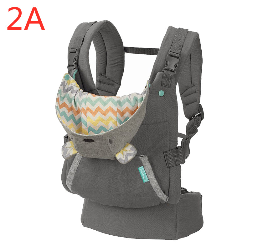Gray ergonomic baby carrier with colorful chevron pattern lining and adjustable straps.