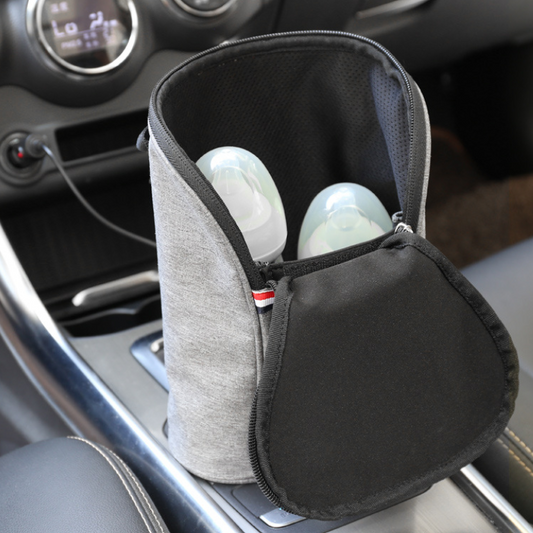 Gray portable USB car bottle warmer with two bottles, featuring a zippered oxford fabric design.