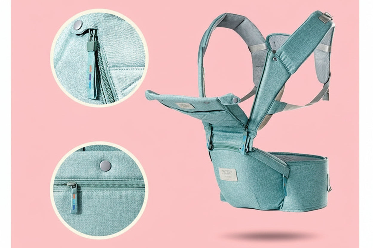 Ergonomic teal hip seat baby carrier with breathable fabric, protective button, and new zipper details.