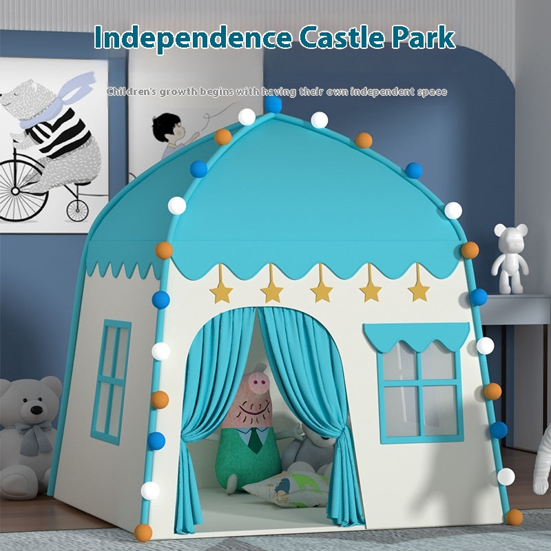 Blue and white children's play castle tent with string lights, windows, and curtains.