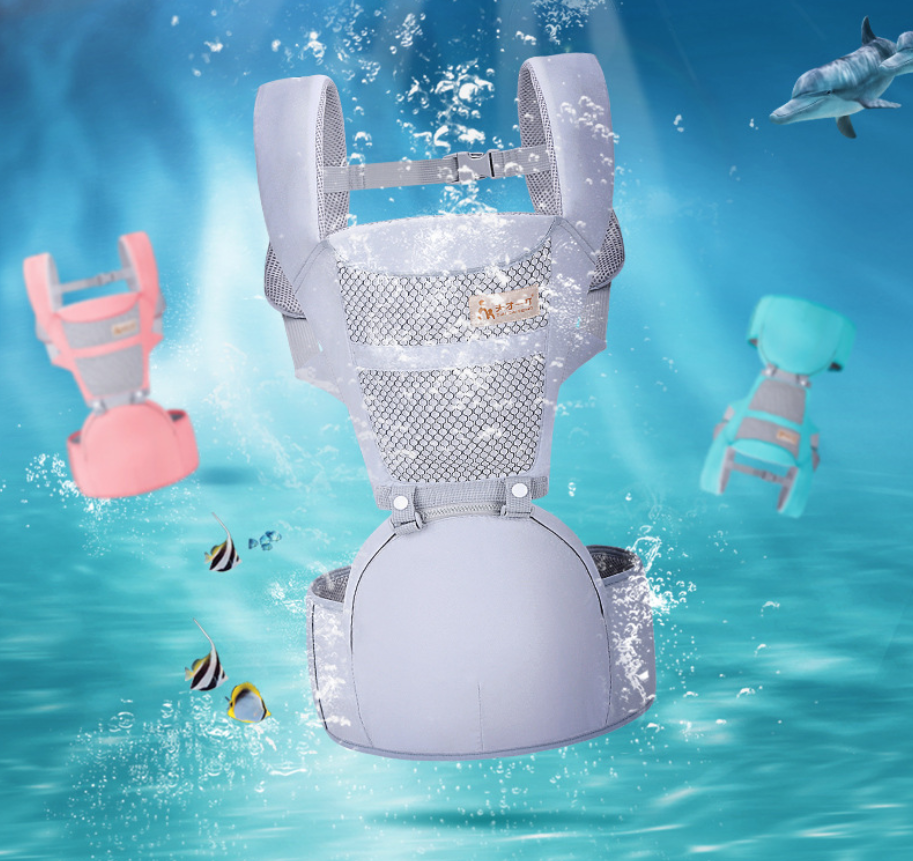Ergonomic grey baby waist carrier with breathable mesh, shown with pink and teal carriers in a water-themed setting.