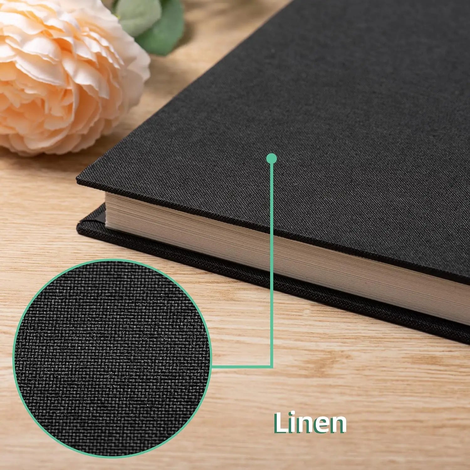 Black linen-bound photo album with 40 sticky pages, shown with a close-up of the fabric texture.