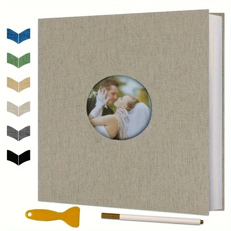 Beige linen photo album with a circular window displaying a wedding couple, includes color swatches and accessories.