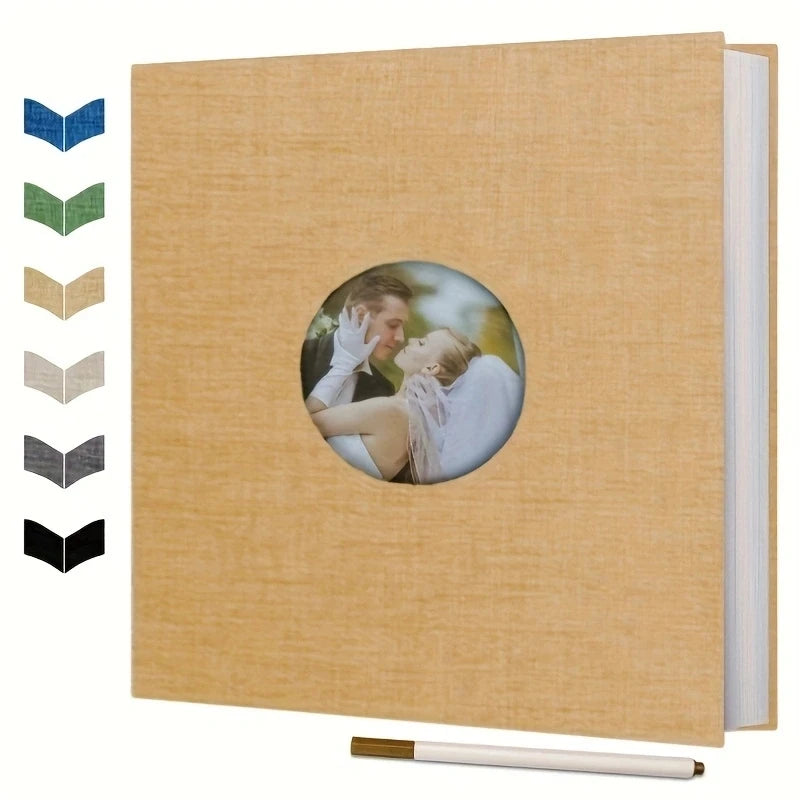 Beige linen photo album with a circular cover window displaying a couple, shown with color swatches and a pen.