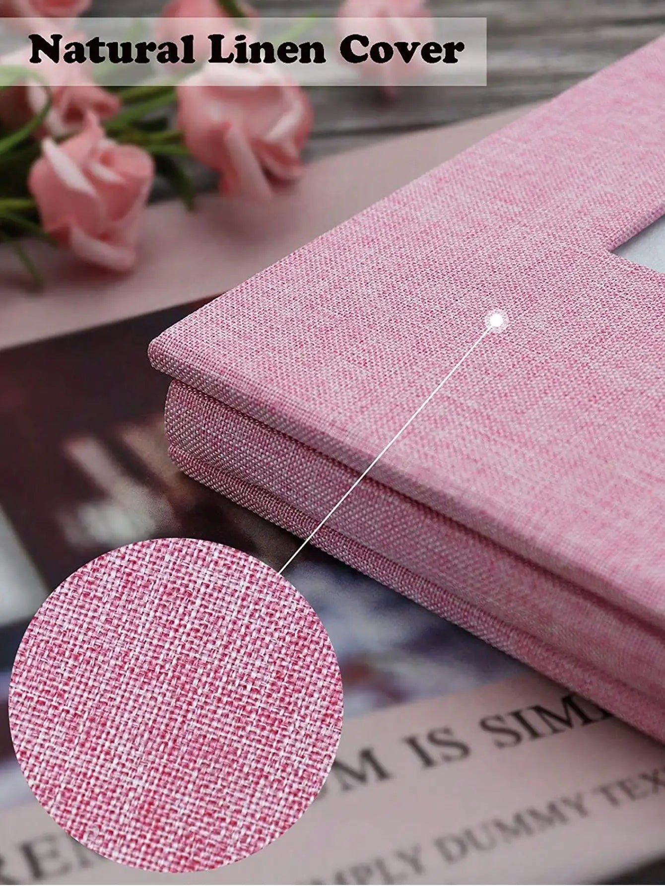 Pink linen baby photo album with a textured cover and "Natural Linen Cover" text.