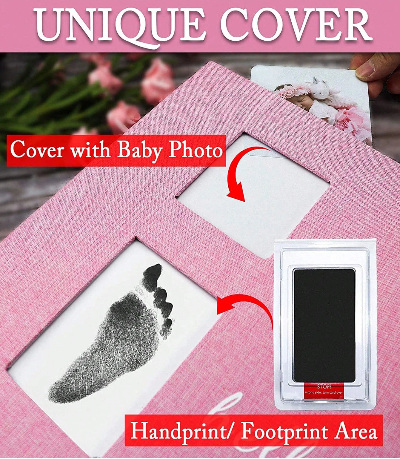 Pink linen baby photo album with a footprint display and clean-touch ink pad.