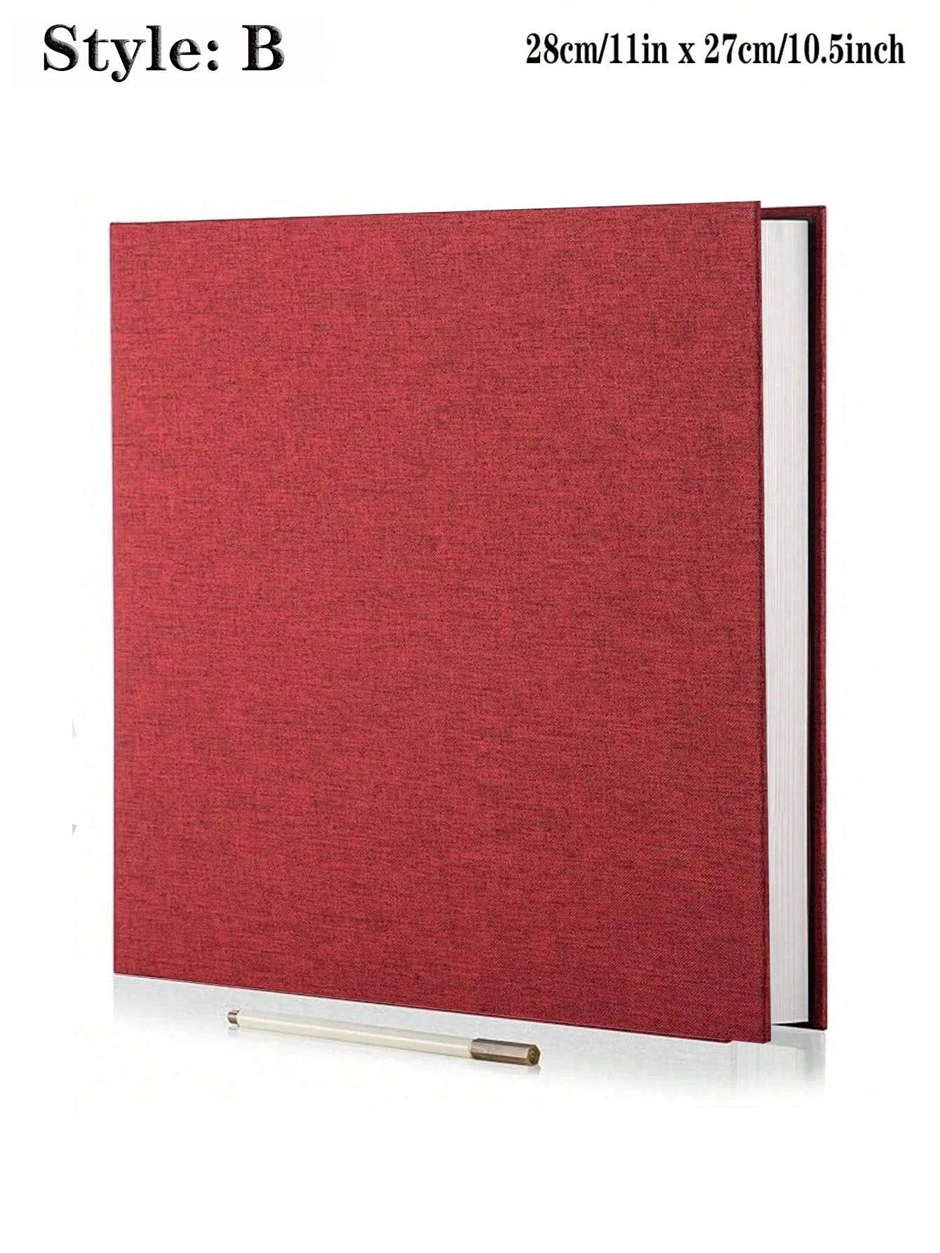 Red linen hardcover photo album with white pages, 11x10.5 inches, shown with a white pen.