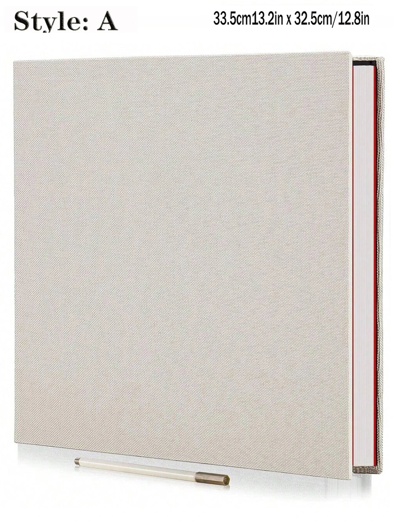 Elegant beige linen self-adhesive photo album with red spine, spiral bound, and a white pen.