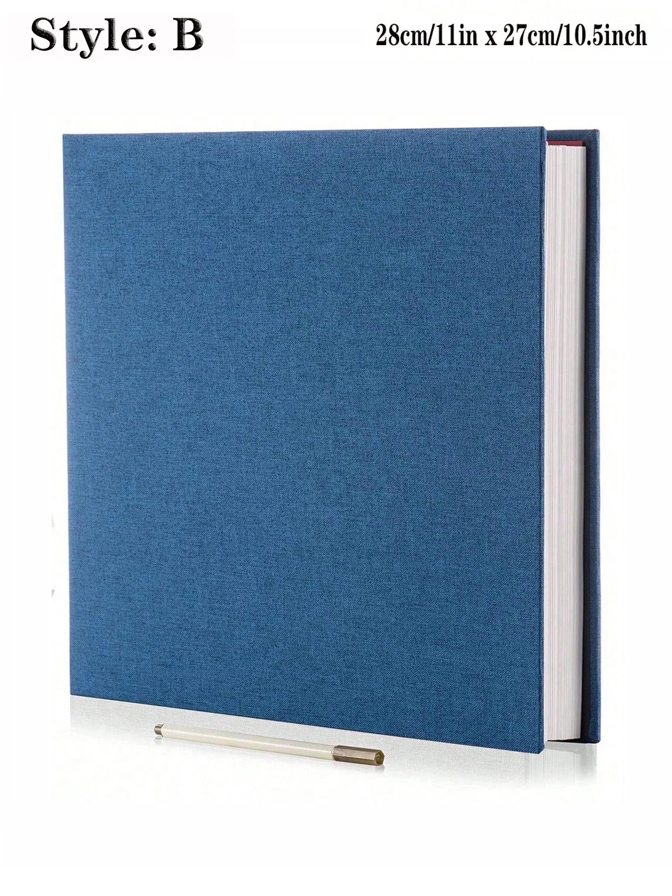 Blue linen hardcover photo album with white pages and a pen, 11x10.5 inches.