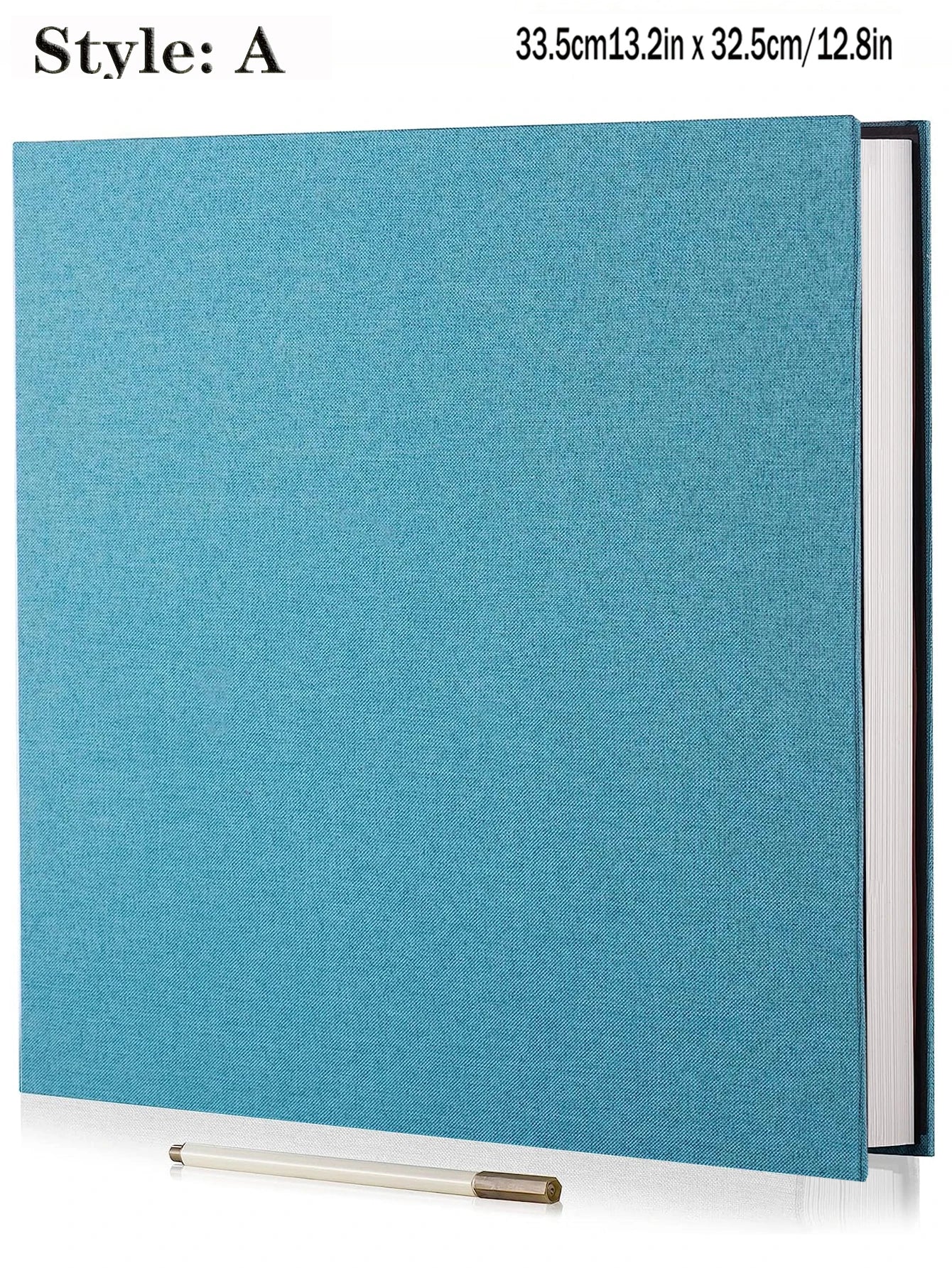 Teal linen self-adhesive photo album with a spiral binding, shown with a white pen.