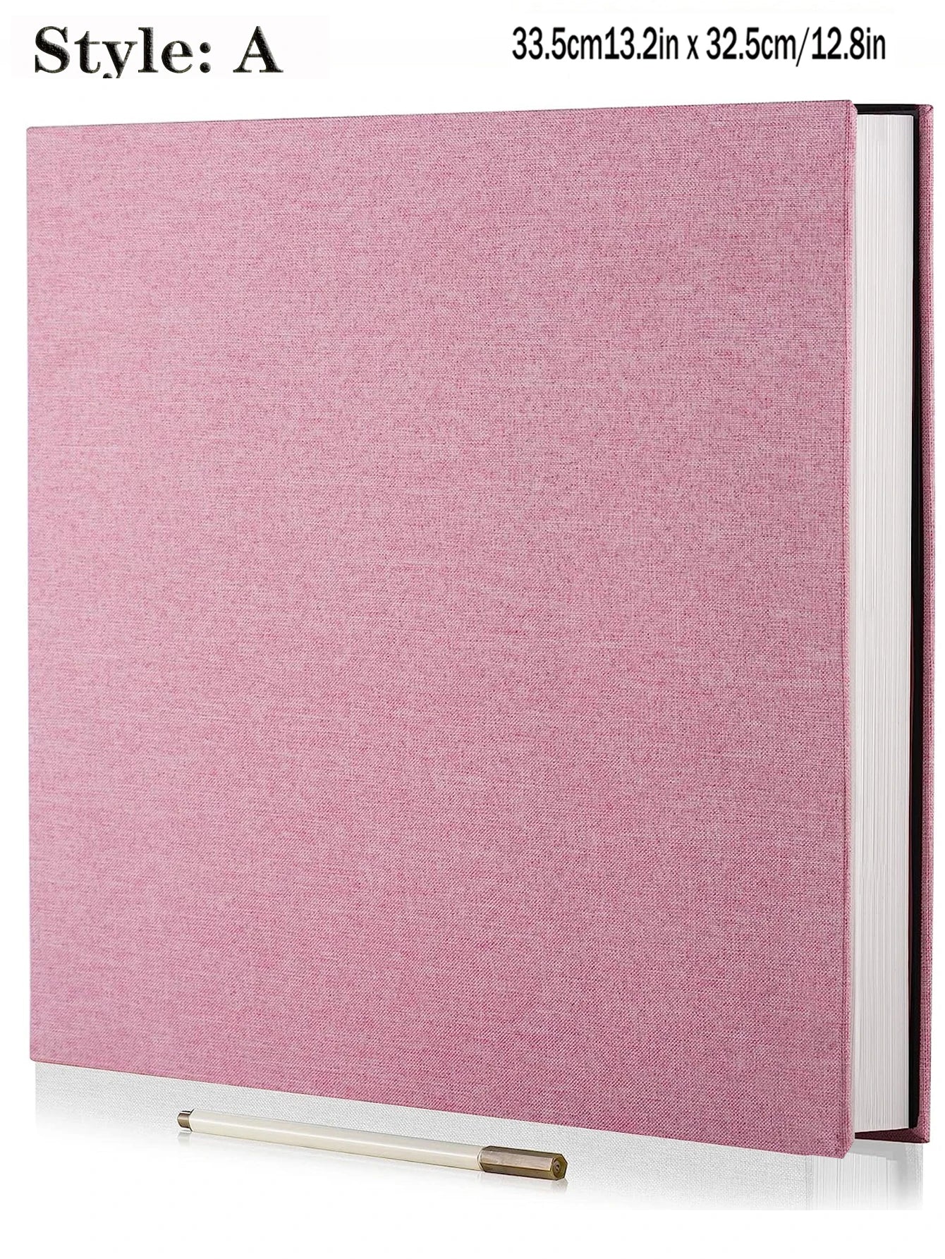 Pink linen self-adhesive photo album with spiral binding, 13.2x12.8 inches, and a white pen.