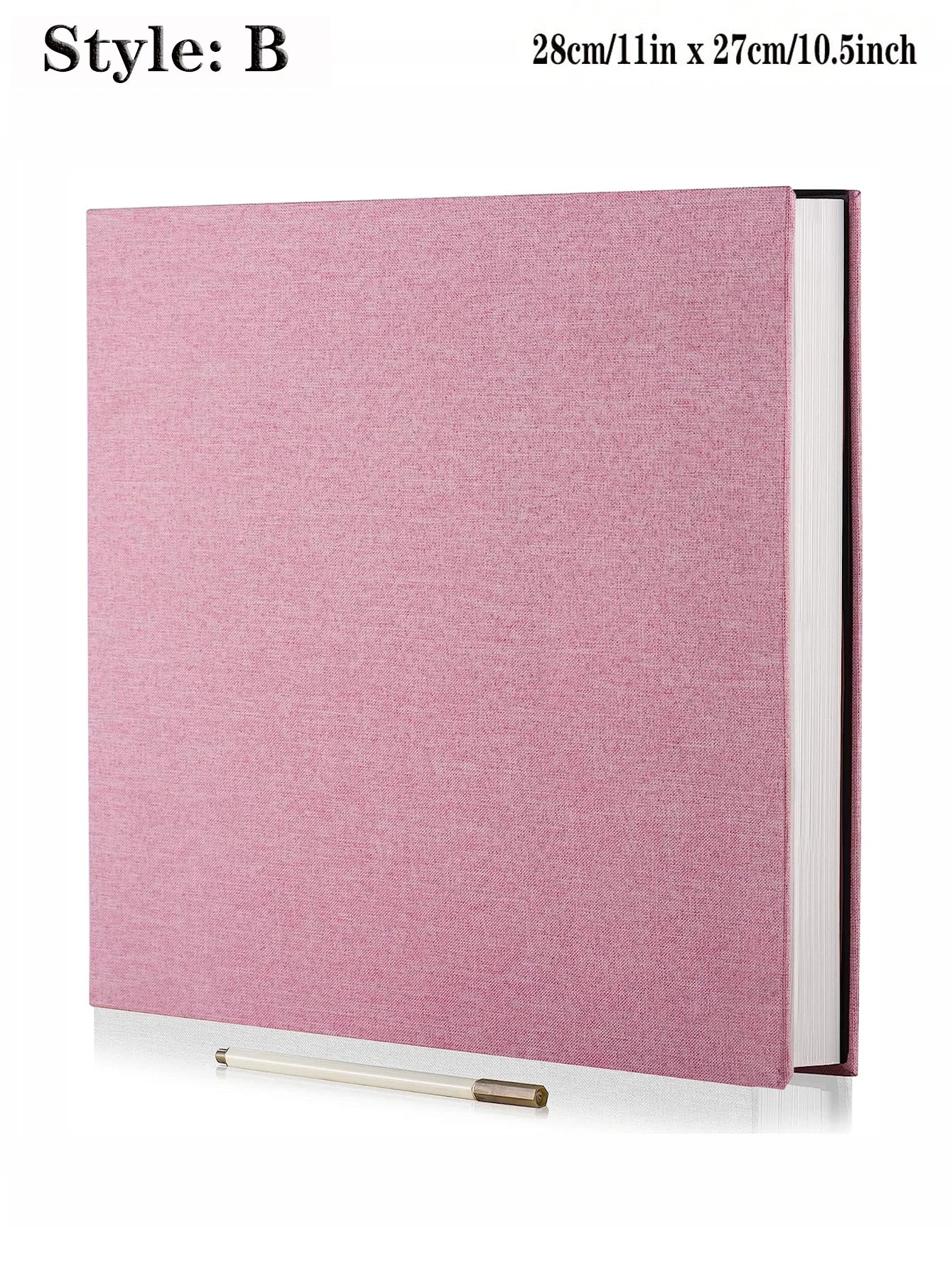Pink linen fabric photo album, 11x10.5 inch, with a pen, for cherished memories.