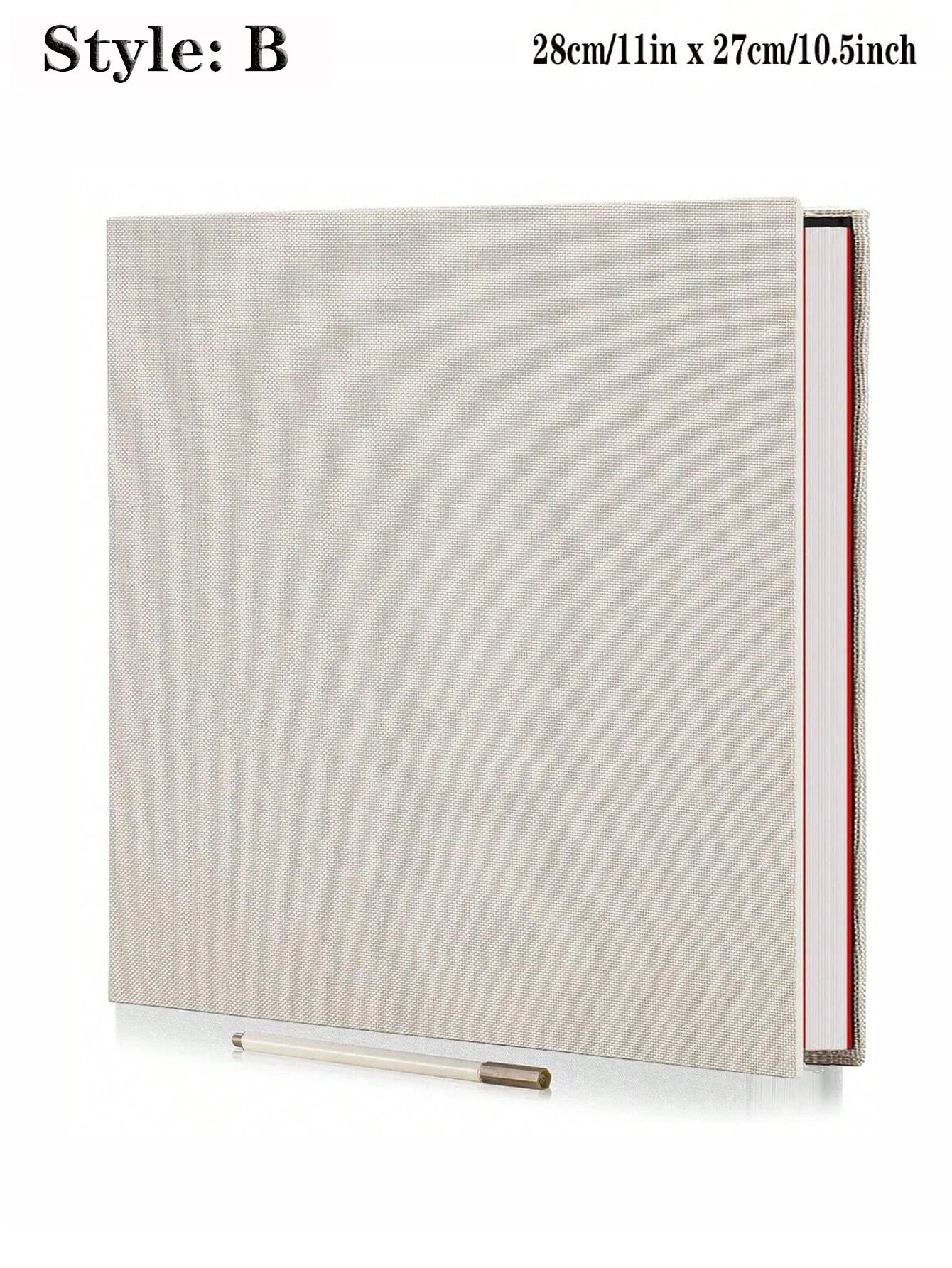 Elegant beige linen self-adhesive photo album with spiral binding, 11x10.5 inches, and a white pen.