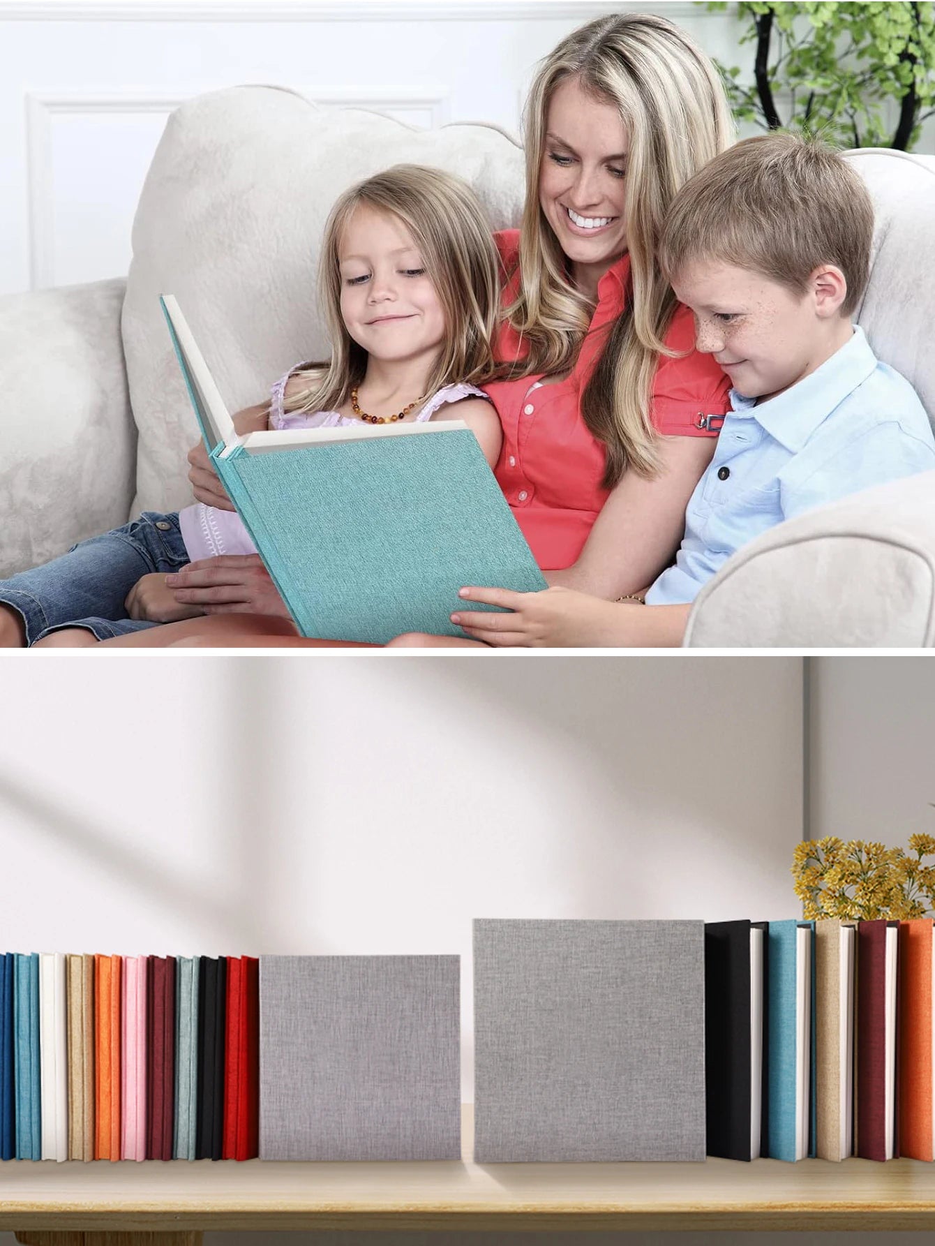 Teal linen photo album held by a woman and two children, plus a display of various colored linen albums.