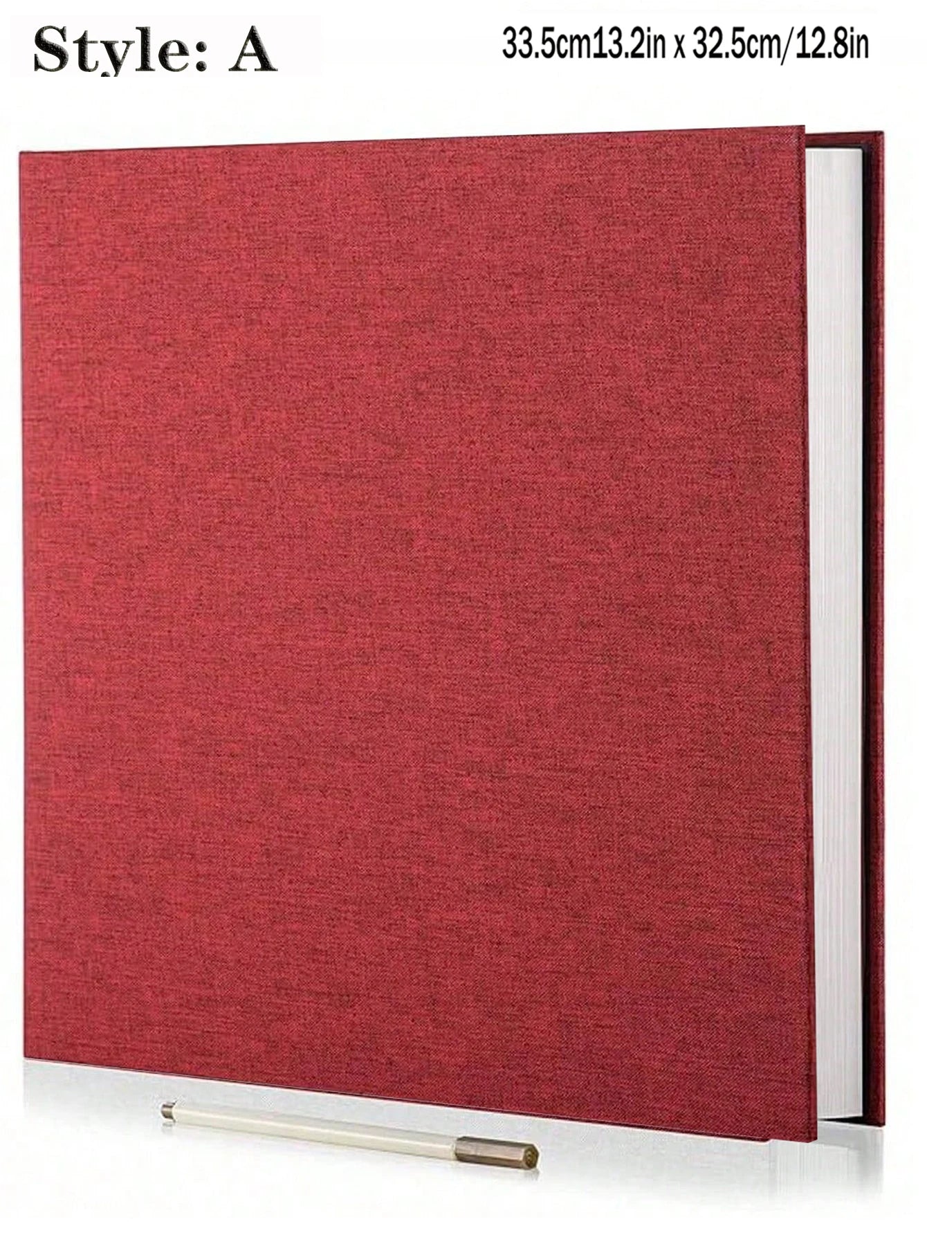 Red linen hardcover photo album with sticky pages, spiral bound, and a white marker.