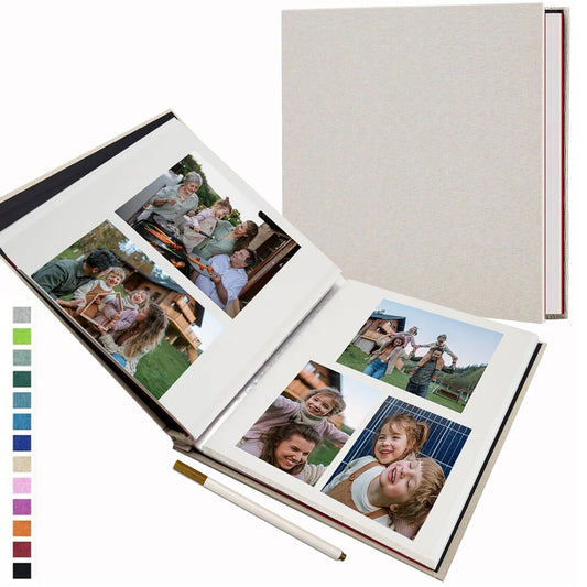 Elegant beige linen self-adhesive photo album with spiral binding, open to display family photos, with a pen.