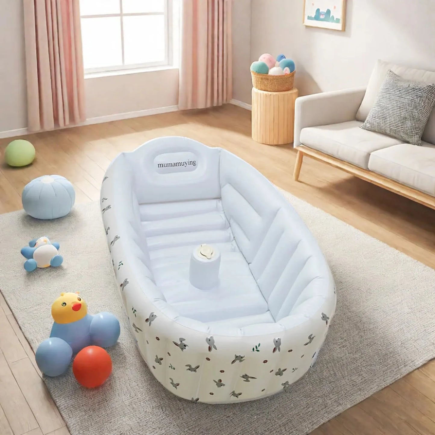 White inflatable baby bathtub with built-in pump and animal print, on a rug in a living room.