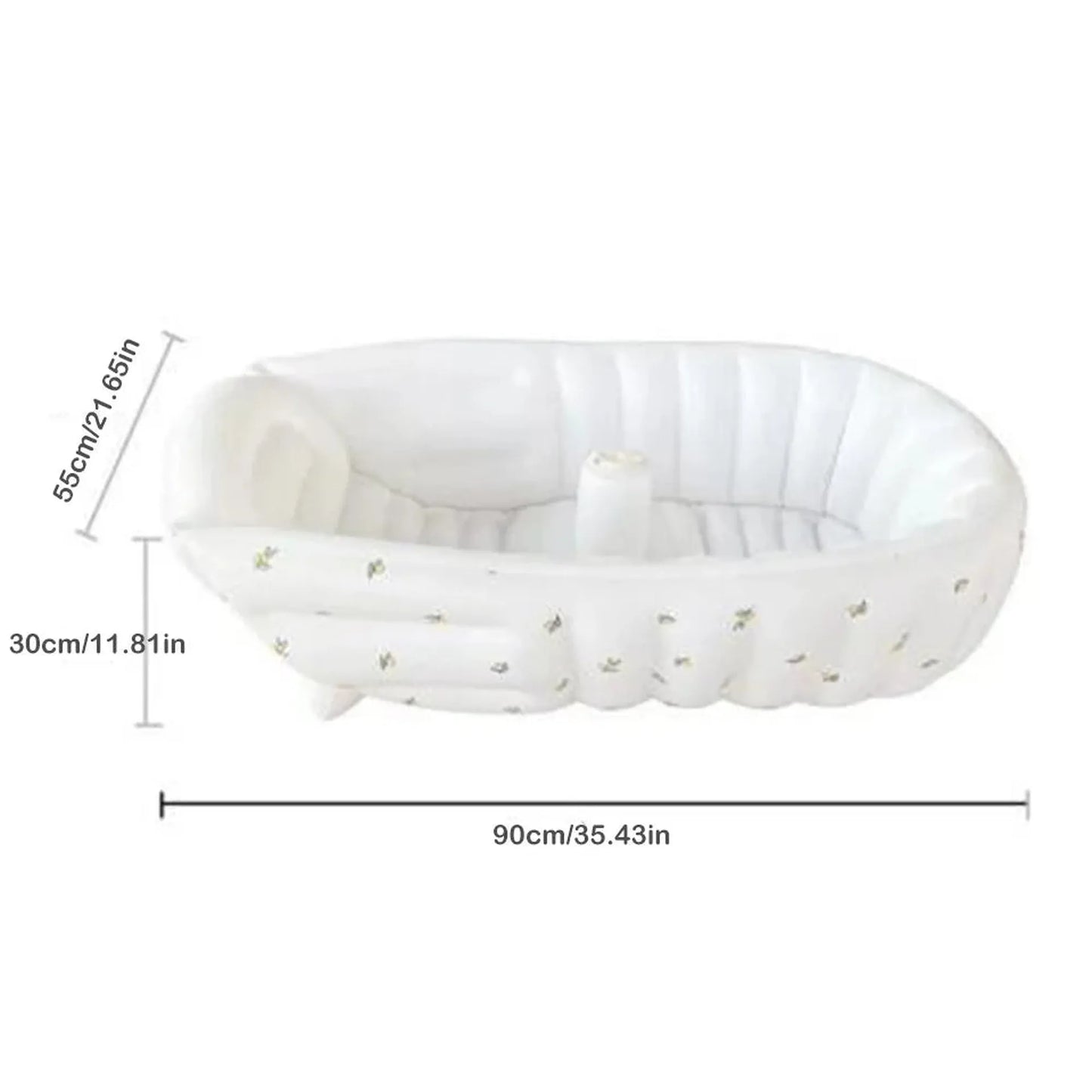 White inflatable baby bathtub with built-in pump, featuring a soft PVC design and subtle animal print.