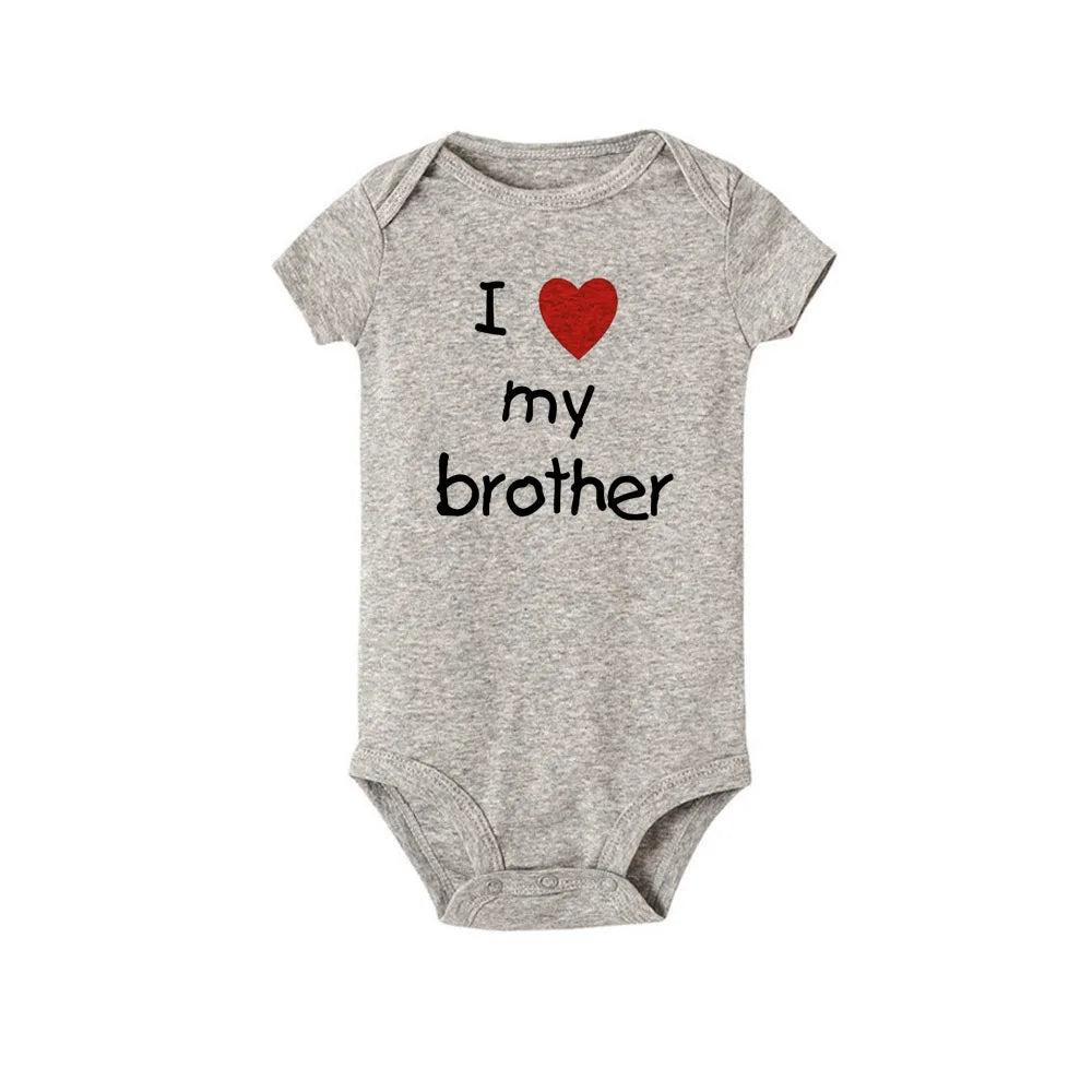 Gray short-sleeve baby bodysuit with "I love my brother" print and red heart, unisex polyester.
