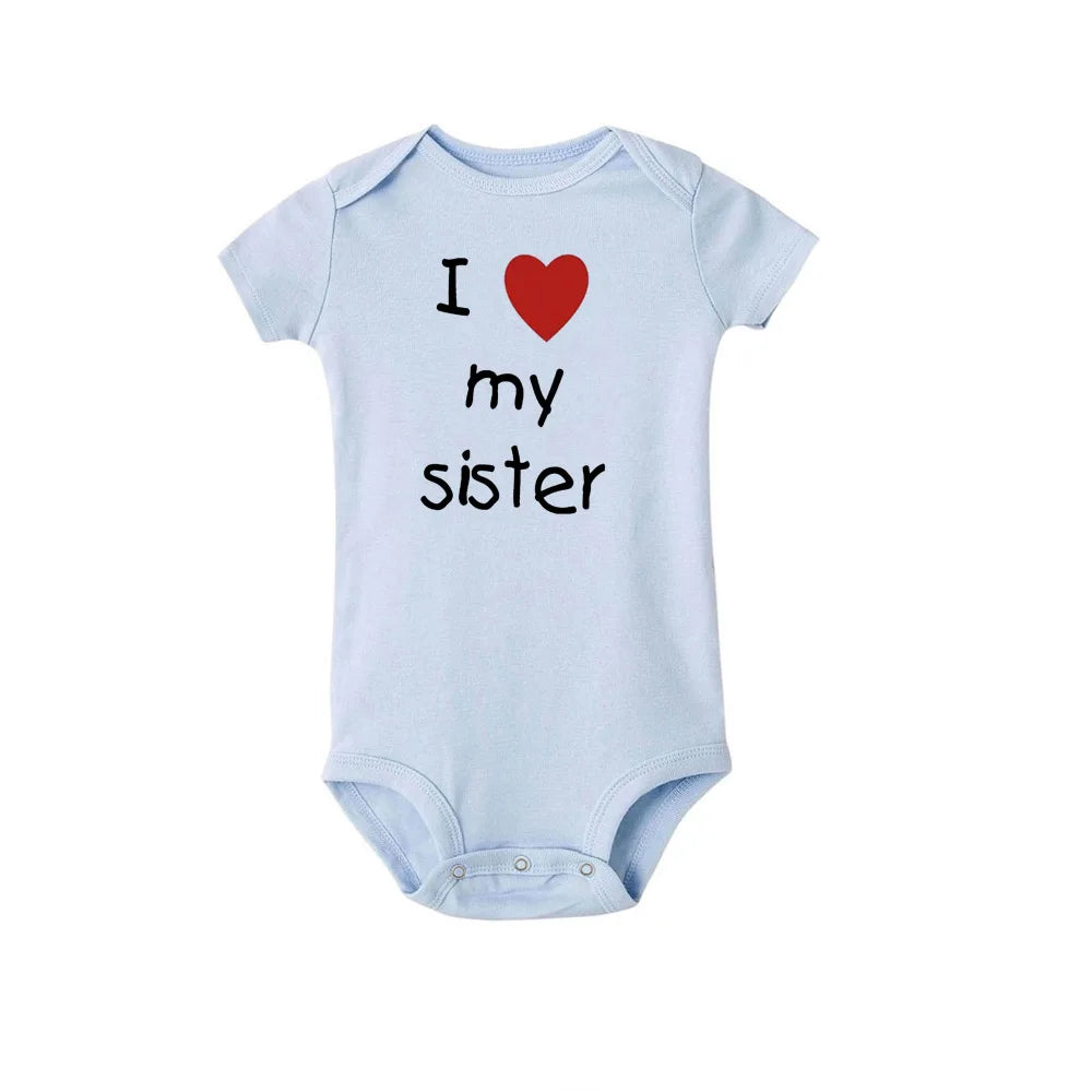 Light blue unisex baby short-sleeve romper with "I love my sister" print and snap closures.