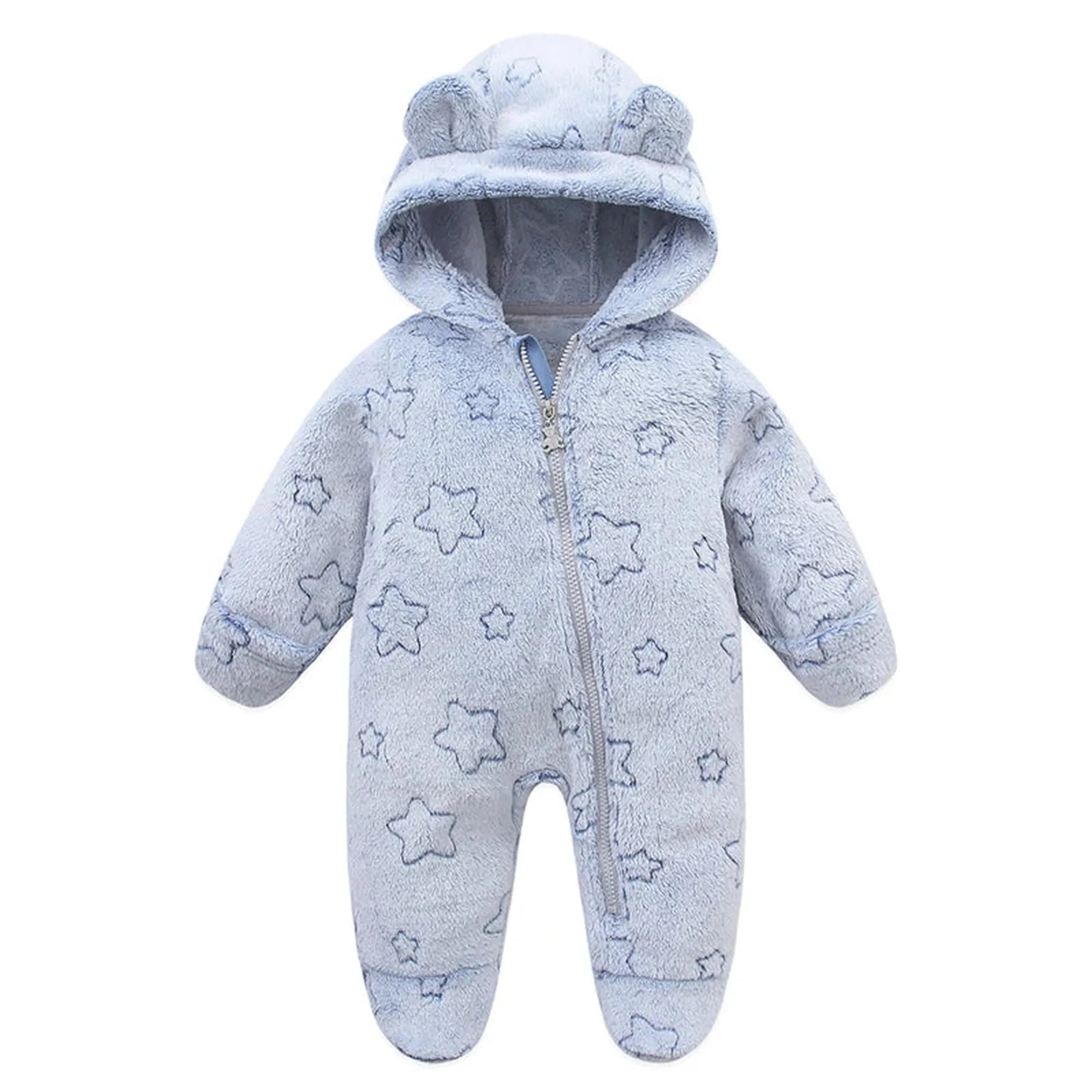 Warm blue flannel baby romper with hood, bear ears, star pattern, and full zipper.